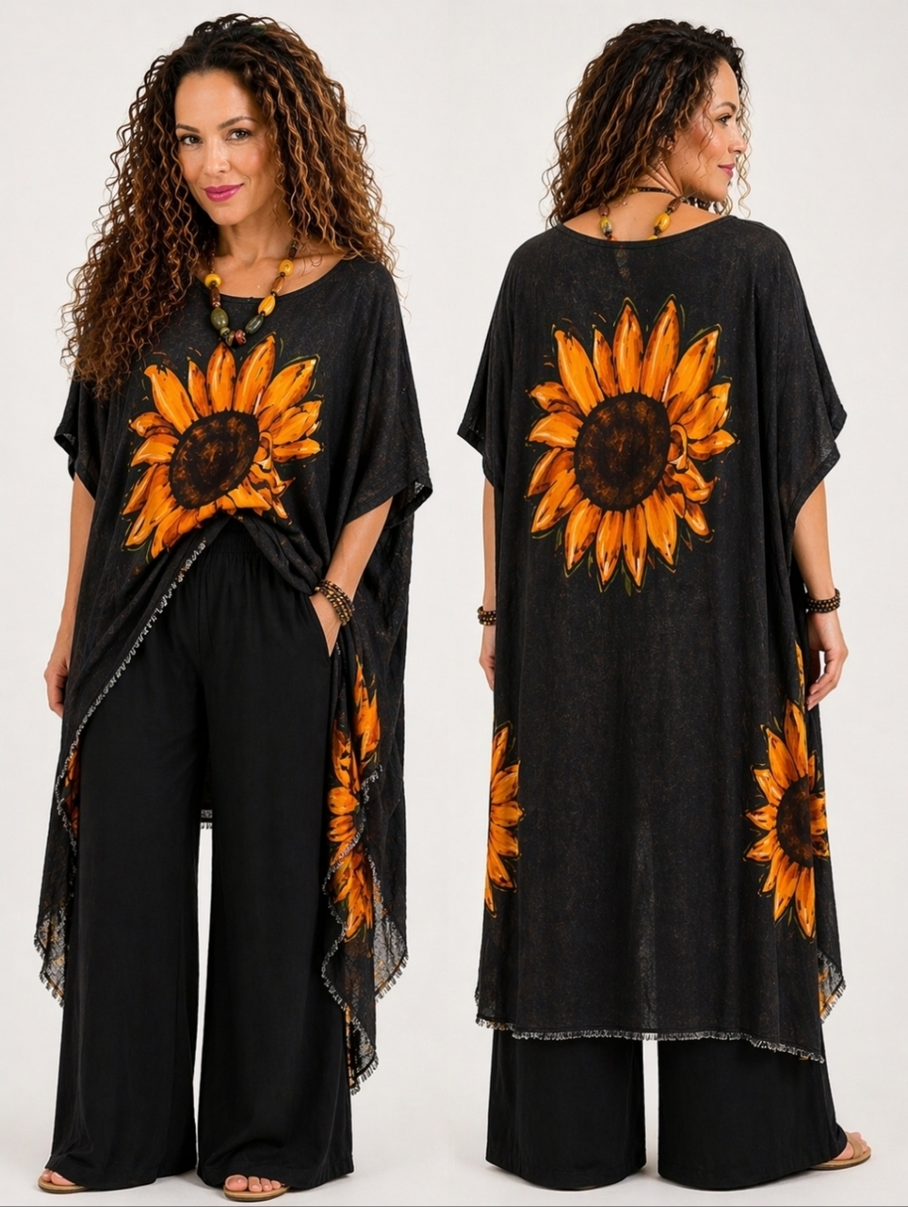 Lp2 Black Sunflower Oversized Tunic Top Hi Lo